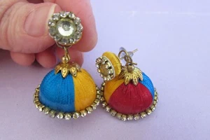 About 1 3/4" goldtone dangle red/blue/yellow "cap" pierced earrings - Picture 1 of 5