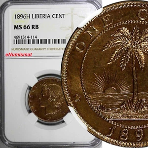 Liberia Bronze 1896 H 1 Cent NGC MS66 RB Nice Mint Luster TOP GRADED KM#5 (14) - Picture 1 of 4