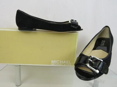 NIB MICHAEL KORS SEAPORT BLACK SUEDE PATENT LEATHER BUCKLE OPEN TOE FLATS 6.5 - Image 1 of 4