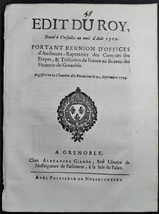 EDIT DU ROY Trésorier de France au Bureau des Finance de Grenoble 1709 - Imagen 1 de 2