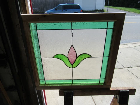 ~ ANTIQUE STAINED GLASS WINDOW WITH FLOWER 3 OF 3 ~ 29.5 x 27.75 ~ SALVAGE Cover