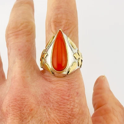 Massive 18k Gold Sterling Silver Coral Ring Sz 8.75 Unisex Artisan Made OOAK - Image 1 of 4