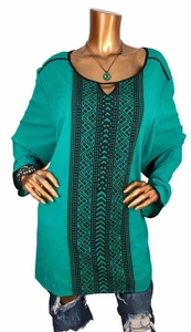 Catherines 3X Plus Top Geometric Green Black Blouse Tunic Long Slvs Crew Neck - Picture 1 of 10
