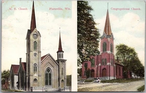 1909 PLATTEVILLE, Wisconsin Postcard M.E. & Congregational Church Building Views - Picture 1 of 2