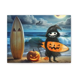 Halloween Beach Wall Art, Spooky Surf Decor, Matte Canvas Print, Pumpkin - Picture 1 of 6
