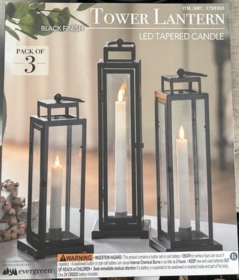 Set of 3 Black or Grey Metal Lanterns w/ LED Flameless Candles + Remote - Image 1 of 4