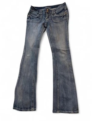 Amethyst low-rise flare jeans with a distressed, faded look Size 5 #Y2K #lowrise - Image 1 of 4