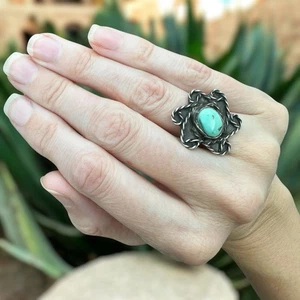Sterling Silver Turquoise Gothic Western Flower Ring Vintage Southwest 925 Sz 6 - Picture 1 of 6