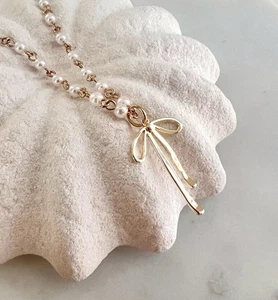 Gold Necklace Gold Bow Charm Necklace Pearl Chain Necklace Ribbon Charm Necklace - Picture 1 of 5