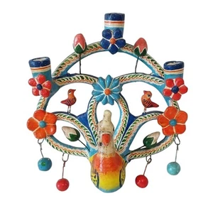 Candelabro albero della vita messicano portacandele da parete pavone fiori uccellini 6,5" - Foto 1 di 18