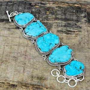 Tumbled Turquoise Gemstone 925 Sterling Silver Handmade Bracelet Birthday Gifts - Picture 1 of 4
