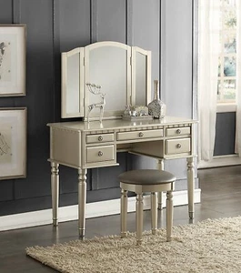 Silver Bobkona Folding Mirror Makeup Table Dresser w/ Stool 5 Drawer Vanity Set - Picture 1 of 11