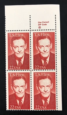 1986 T.S. Elliot 22 Cent 22c Stamp Block of 4 Scott Catalog #2239 - Image 1 of 4