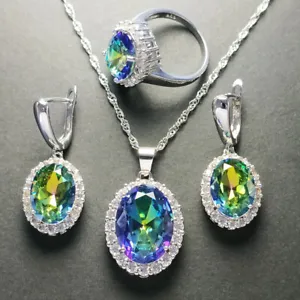 3 pcs Women Jewelry Set Oval Rainbow Mystic Topaz Silver Necklace Earring Ring - Picture 1 of 6