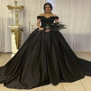 Gothic Off Shoulder Satin Wedding Dress Lace Beaded Princess Corset Bridal Gown - Picture 1 of 4