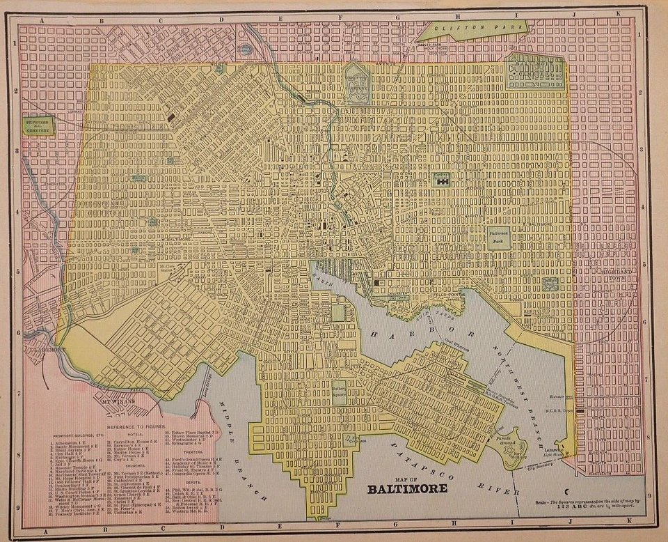 Mapa da cidade de 1898 ~ BALTIMORE, MARYLAND (11x14) ~Grátis S&H-#102 - Imagem 1 de 1