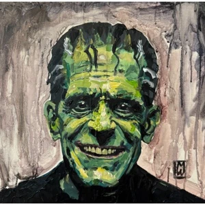 Original Smiling Frankenstein Monster Dark Horror Painting Wall Art Canvas 18" - Picture 1 of 1