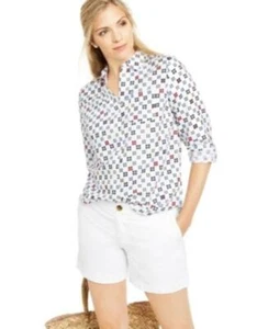 MSRP $70 Charter Club Printed Roll-Tab Sleeve Linen-Blend Top White Size Small - Picture 1 of 1
