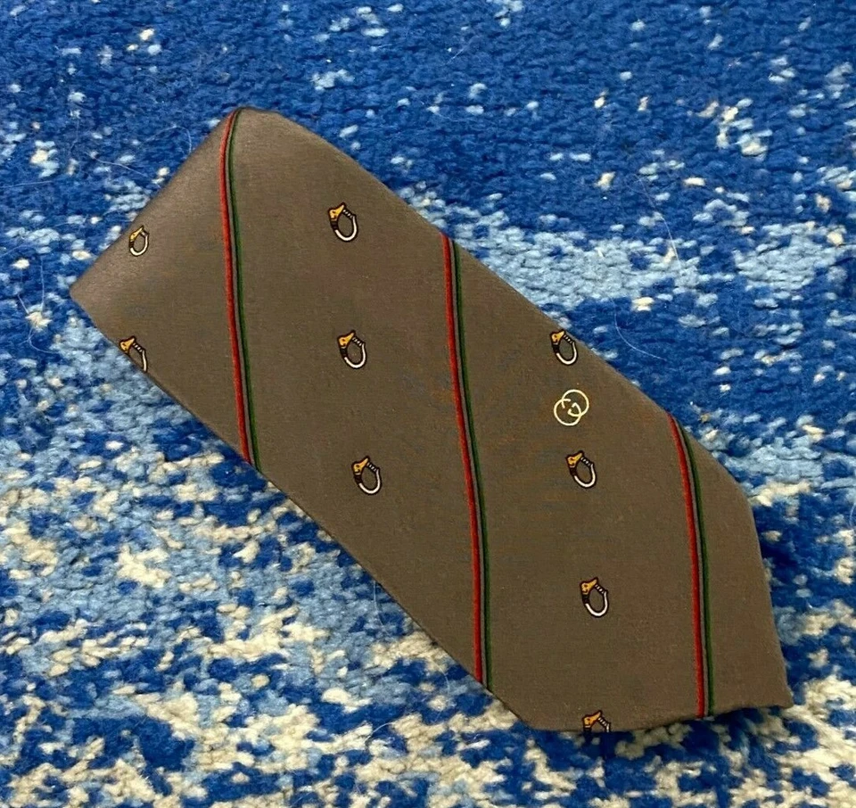 Vintage Gucci Gray Red Green Black Bias Stripes Logo Equestrian Necktie Italy - Image 1 of 4