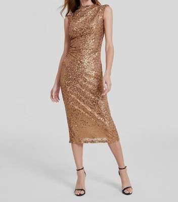Anne Klein Women's Gold Mock Neck Sequin MIDI Dress Size S - Image 1 of 3