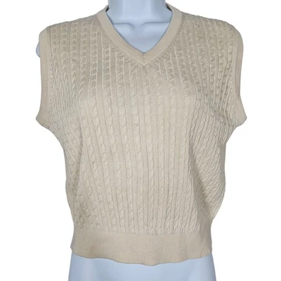 1990s Vintage Lady Player Beige Cable Knit Sleeveless Sweater Vest Silk Womens M - Image 1 of 4