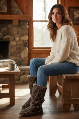 Muk Luks Women's Felicity Cable Knit Sweater Boots W/ Sherpa Size 9 Brown Toggle - Image 1 of 4