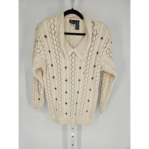 VTG 1990s Liz Sport Womens Sz S Open Knit Collared Sweater Cottagecore Cream - Picture 1 of 4