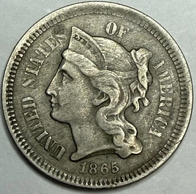 1865 - US Three Cent Nickel 3c - Nice Details Exact Coin Imaged #3C134 - Image 1 of 2