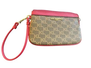 Karl Lagerfeld Paris Faux Leather Red & Brown KL Logo Wristlet - Picture 1 of 2