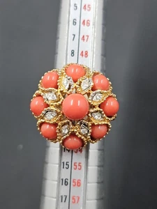 Vintage Goldtone Faux Coral Rhinestone Cocktail Rmg, Size 5.75 - Picture 1 of 6