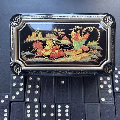 Vintage Wooden Dominoes Set of 28 - Greyhound with ornate tin.  - Image 1 of 4