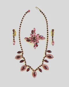 VINTAGE RHINESTONE PINK & RED Necklace Earrings & Brooch Set VALENTINES DAY SET - Picture 1 of 15
