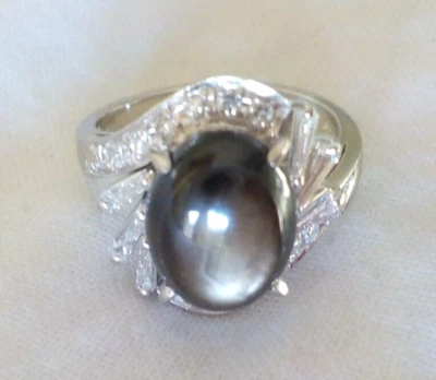 Anillo de diamantes con zafiro estrella gris platino macizo - 7,10 gms, talla 5,25, 4,31 ctw Foto 1 de 4