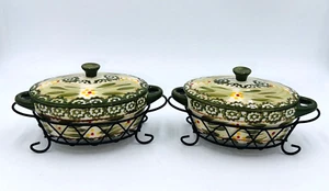 Tempations Old World Green Casserole Dishes 9 oz With Serving Racks Set of Two - Picture 1 of 7