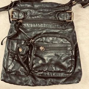 Scarleton Black Vegan Leather Hipster Crossbody Handbag pockets Very Soft - Picture 1 of 7