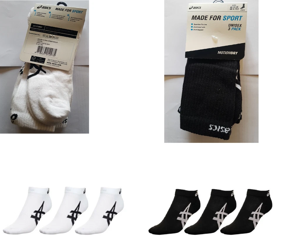 Asics  Mens 3 Pack Motion Dry Arch Support Black White Socks - Image 1 of 1
