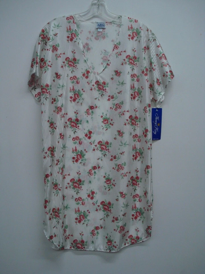 Hecho en EE. UU. Lencería Nancy King Camisa para Dormir Vestido PJ Talla Mediana Blanco Multi #443N Foto 1 de 2