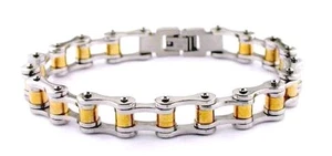 Mens Goldtone and Stainless Steel Bike Chain Style Bracelet - Picture 1 of 3