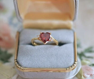 2 Ct Heart Cut Simulated Red Ruby Solitary Ring 14k Yellow Gold Plated Silver - Picture 1 of 8