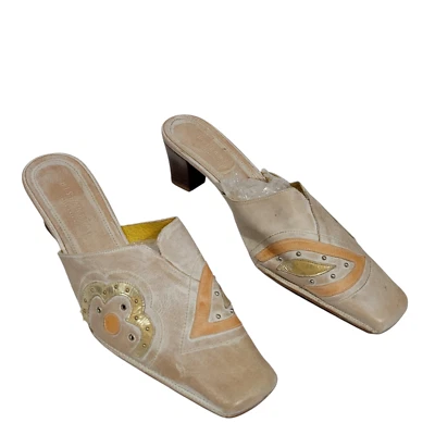 HIspanitas Mules 女式 41 US 10 米色皮革装饰艺术波西米亚方头 — 第 1/4 张图片