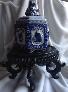 Antique Signed China Blue Paint Porcelain Censer Incense Burner Foo Dog Lion Box - Picture 1 of 8