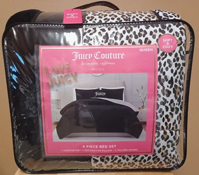 Juicy Couture QUEEN 4-piece Reversible Comforter Set Plush Black/Leopard Print - Image 1 of 4