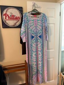 Lilly Pulitzer Maxi Dress 3/4 Sleeves Seashells Side Slits XL Multicolor EUC