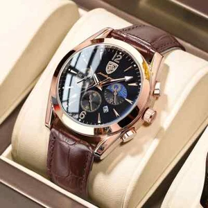 Luxury Men Watch Chronograph Quartz Leather Men's Watches Waterproof Wristwatch - Picture 1 of 10