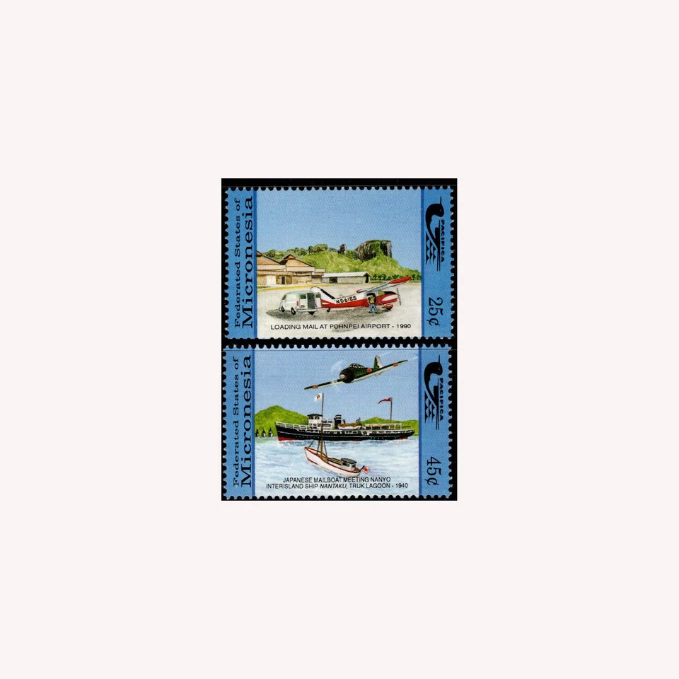 GTSTAMPS, Micronesia, Sc #122-23, MNH, 1990, SERVICIO POSTAL, AVIONES, BARCOS Foto 1 de 1