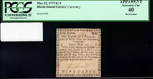 Rhode Island Colonial Note Fr#RI-269 May 22, 1777 $1/8 PCGS 40 *Finest Known* - Picture 1 of 4