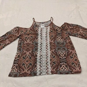 Charlotte Russe Size M Pink Open Shoulder Long Sleeve Shirt Lace Paisley  - Picture 1 of 12