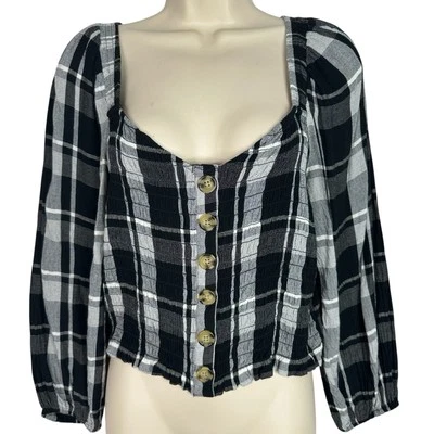 American Eagle Smocked Button Front Plaid Top Sz M Cottagecore Grunge Revival - Image 1 of 4
