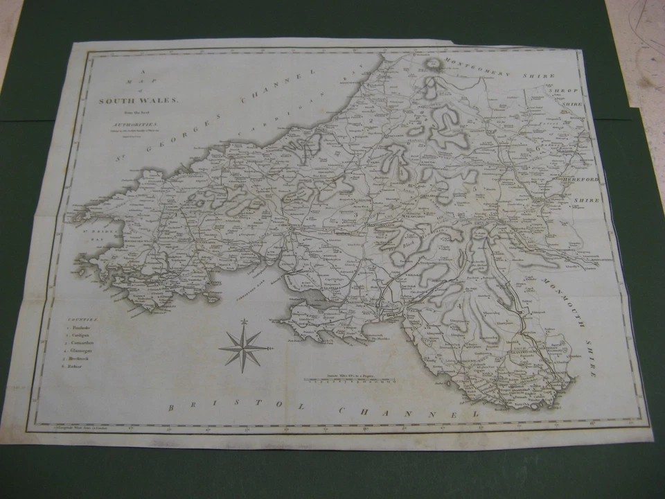 MAPA 100% ORIGINAL ANTIGUO GRANDE DEL SUR DE GALES POR JOHN CARY CARDIFF TENBY BRECON Foto 1 de 1