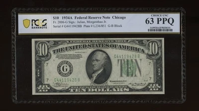 DBR 1934-A $10 FRN Chicago Fr. 2006-G PCGS-B 63 PPQ Serial G44119428B - Image 1 of 2